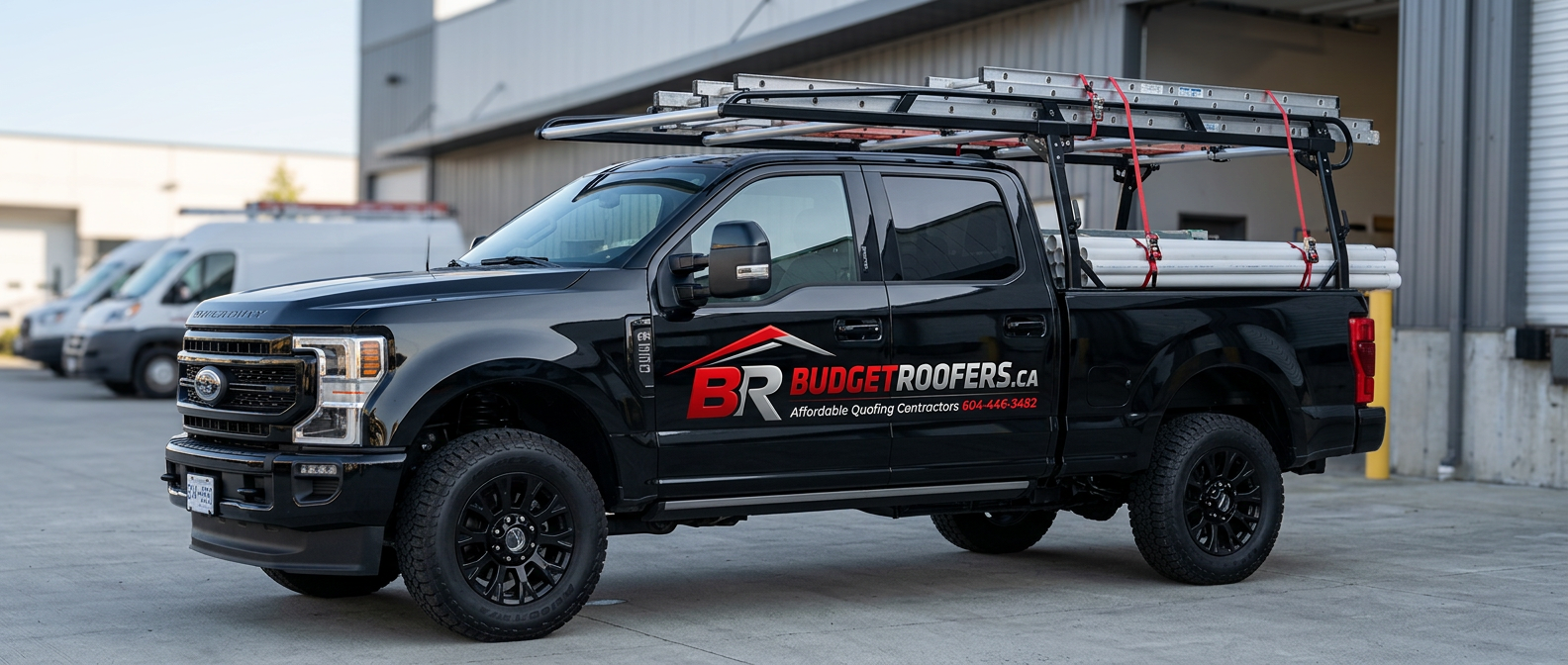BudgetRoofers.ca branded service truck — affordable quality and service in the Lower Mainland